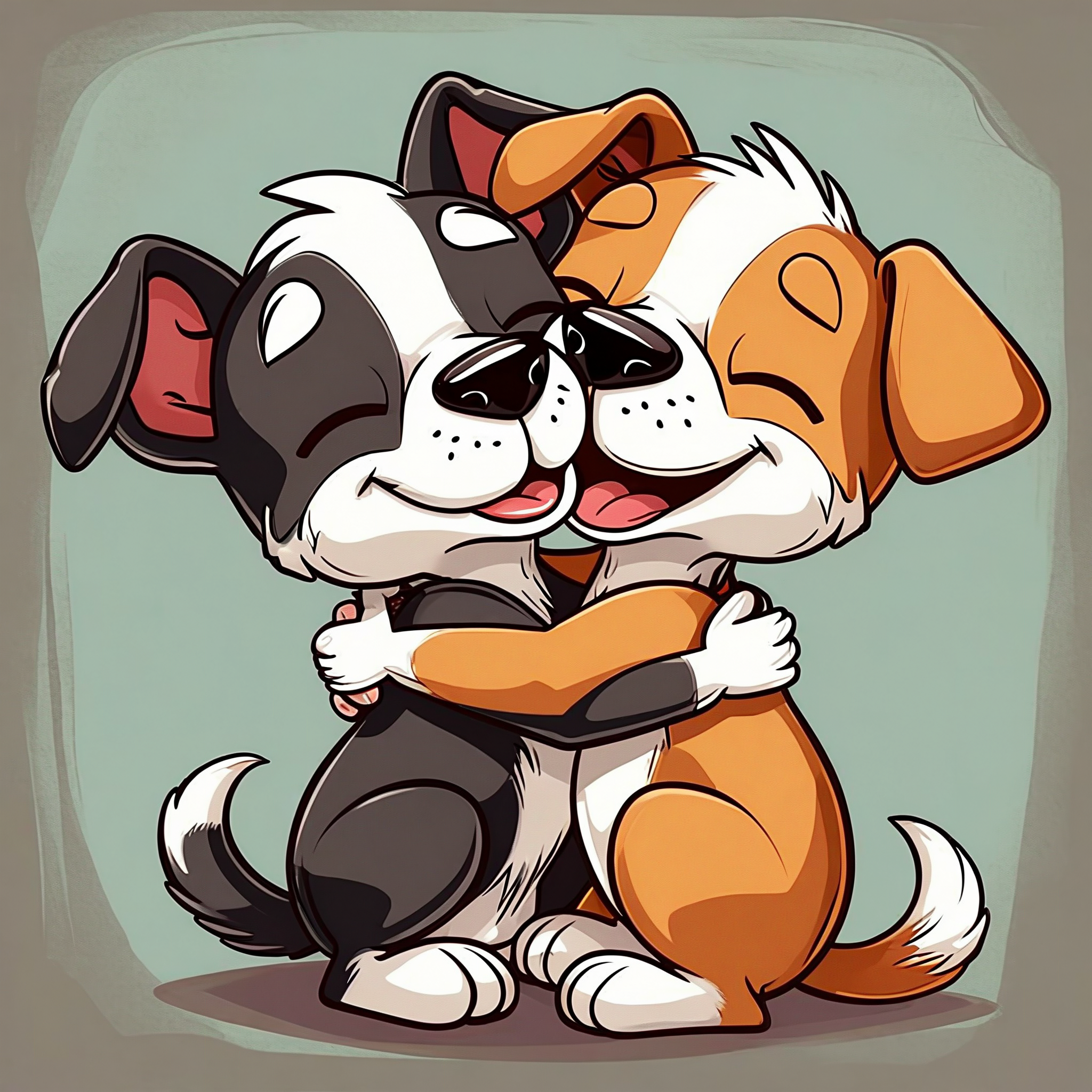 Two cartoon puppies, one black-and-white and the other orange-and-white, hugging each other with happy expressions.