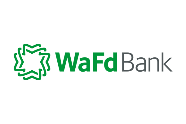 Logo of WaFd Bank featuring green text and a green abstract design on a white background.