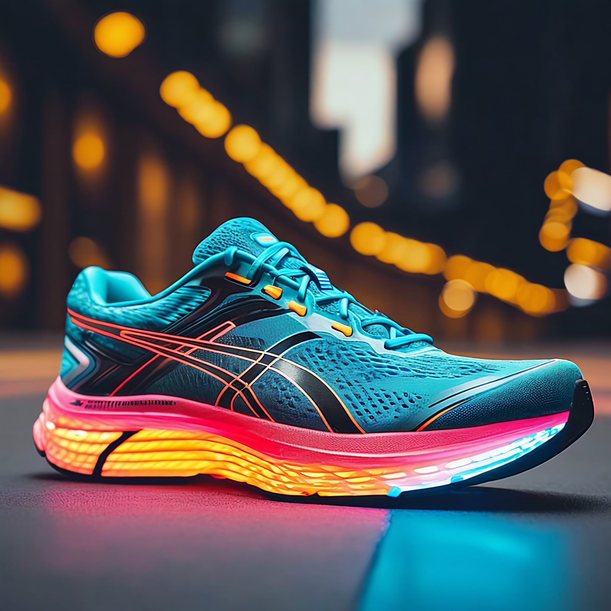 A vibrant blue running shoe with glowing neon orange and pink accents, set against a blurred urban night background with warm lights.