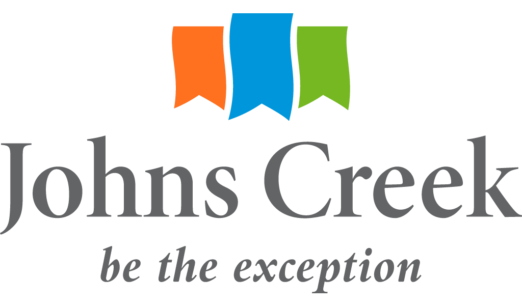 Logo for the City of Johns Creek featuring the tagline 'be the exception' with colorful banner icons above the text.