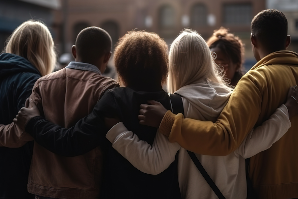 A group of people standing close together with arms around each other, viewed from behind in an urban setting.