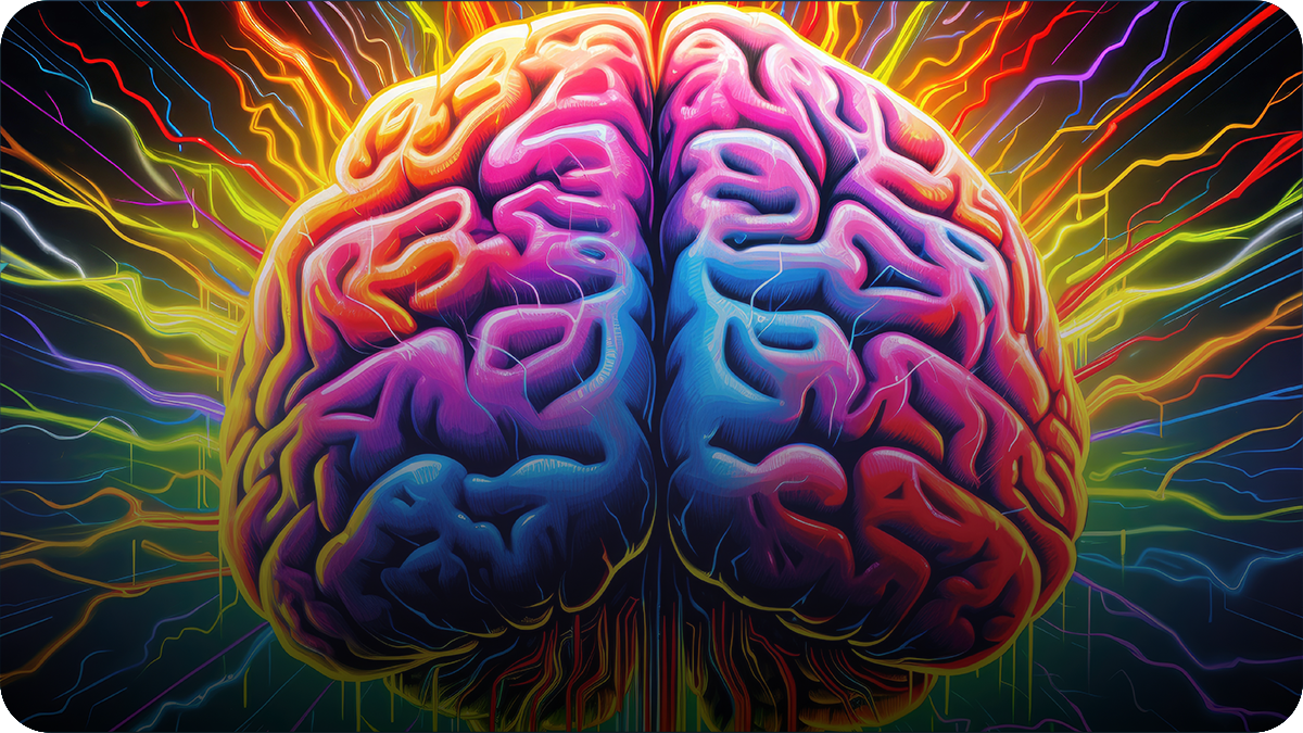 A vibrant, colorful illustration of a human brain with neon hues and radiating energy lines in various colors.