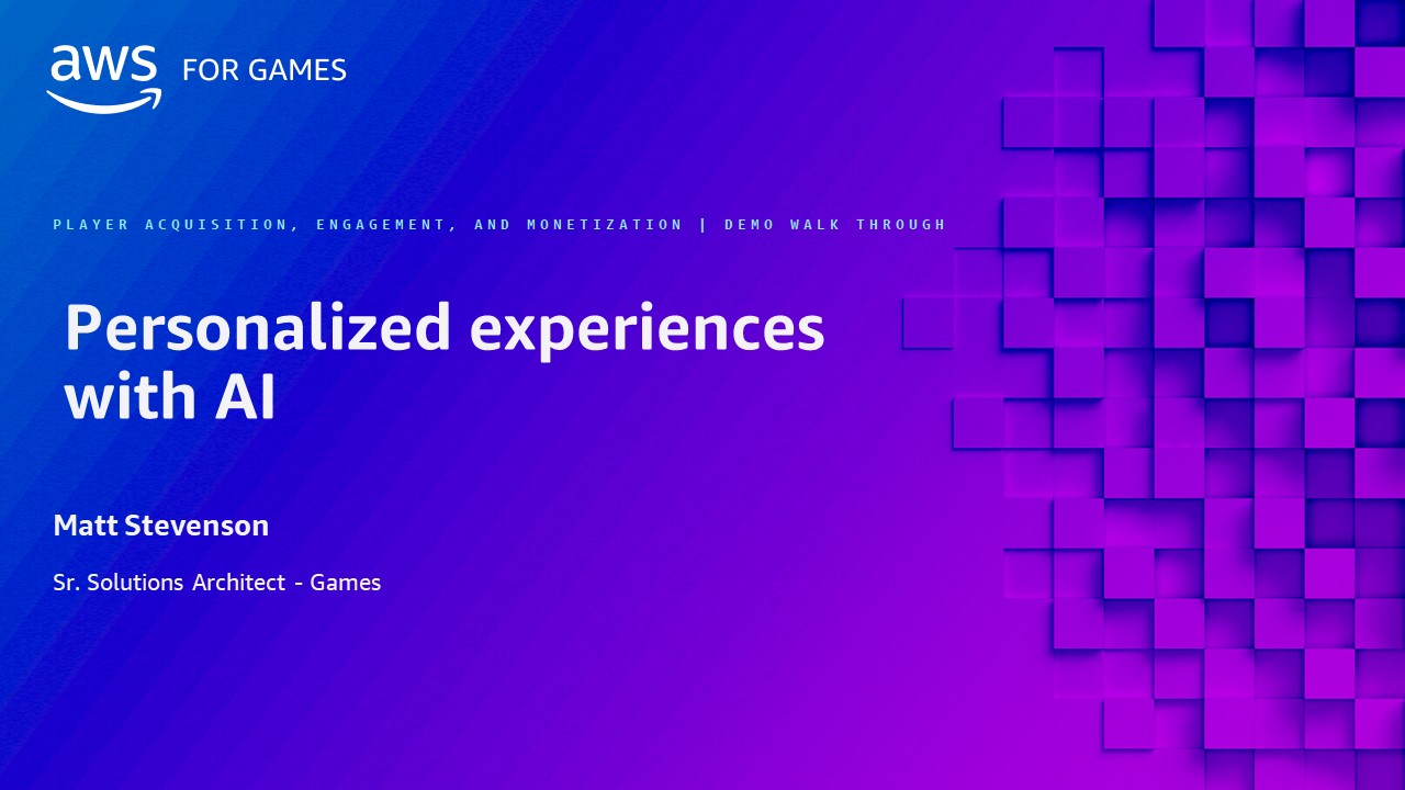 Title slide for an AWS for Games presentation titled 'Personalized experiences with AI' by Matt Stevenson, showcasing a demo walk through for player acquisition, engagement, and monetization using AI.