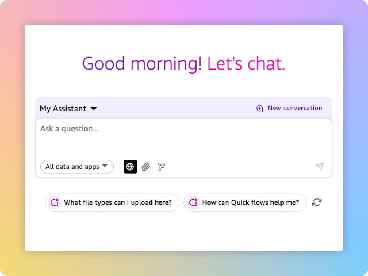 Amazon Quick built-in chat agent with a Good morning, let's chat greeting and a question box