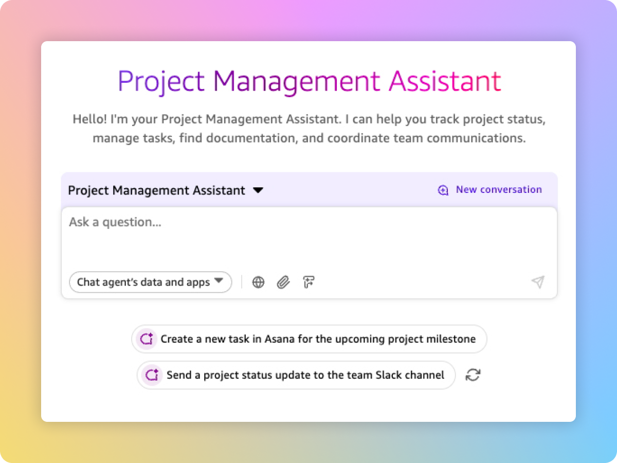 Custom Project Management Assistant chat agent in Amazon Quick with suggested project tasks
