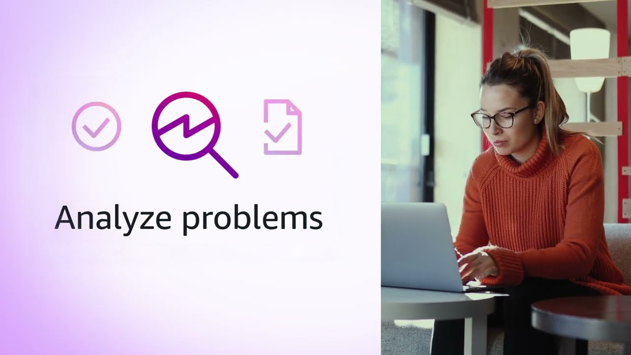 Analyze problems panel beside a person working on a laptop, showing Amazon Quick for IT support