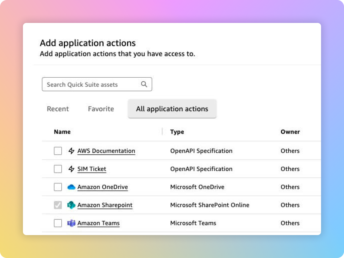 Add application actions panel listing third-party actions such as OneDrive and Teams