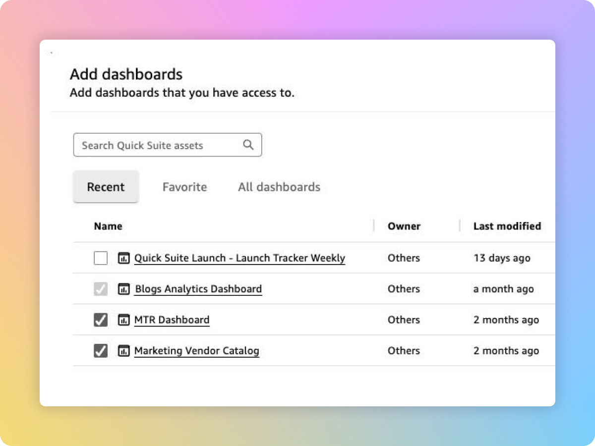 Add dashboards panel listing available Quick Suite dashboards with owners and modified dates