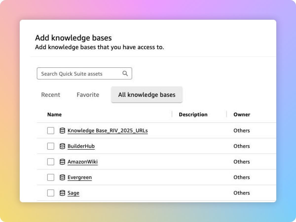 Add knowledge bases panel listing knowledge bases available to sync to a space