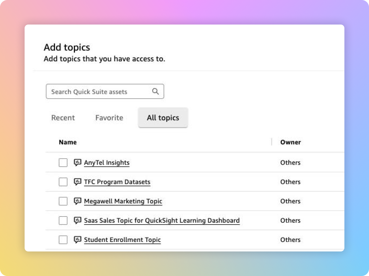 Add topics panel listing Quick Sight topics available to add to a space