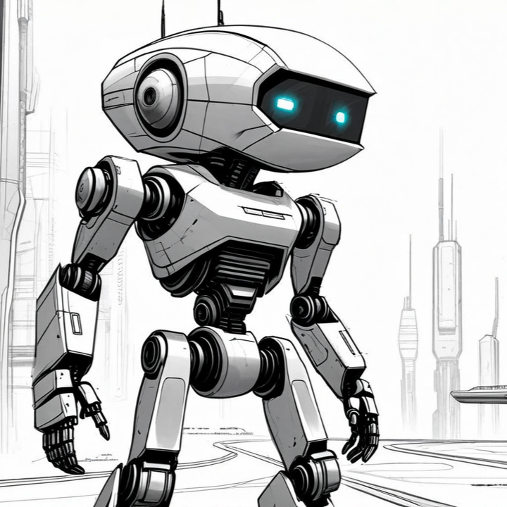 A futuristic robot with glowing blue eyes standing in a sleek, minimalistic cityscape.