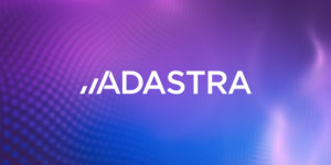 The Adastra logo appears in white text centered on a purple and blue abstract background with soft gradient and dotted visual effects.