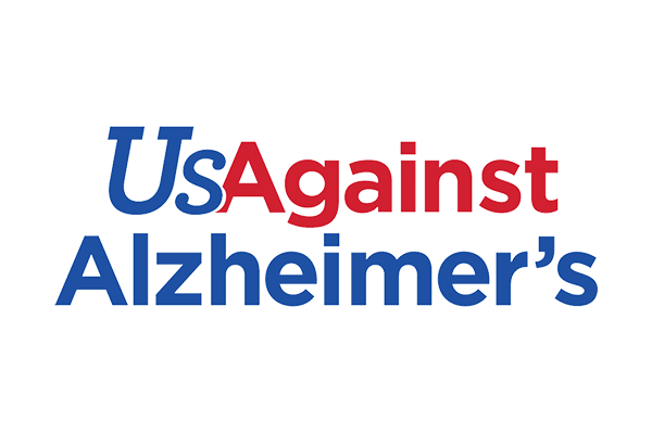 The logo for UsAgainstAlzheimer's, featuring the organization's name in blue and red text on a transparent background.