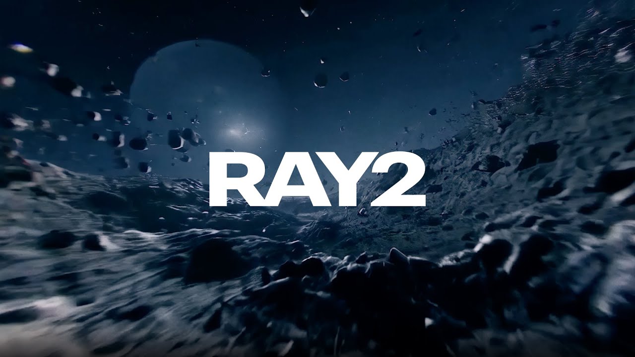 "Text 'RAY2' over a dark, rocky, and space-like environment with floating debris."