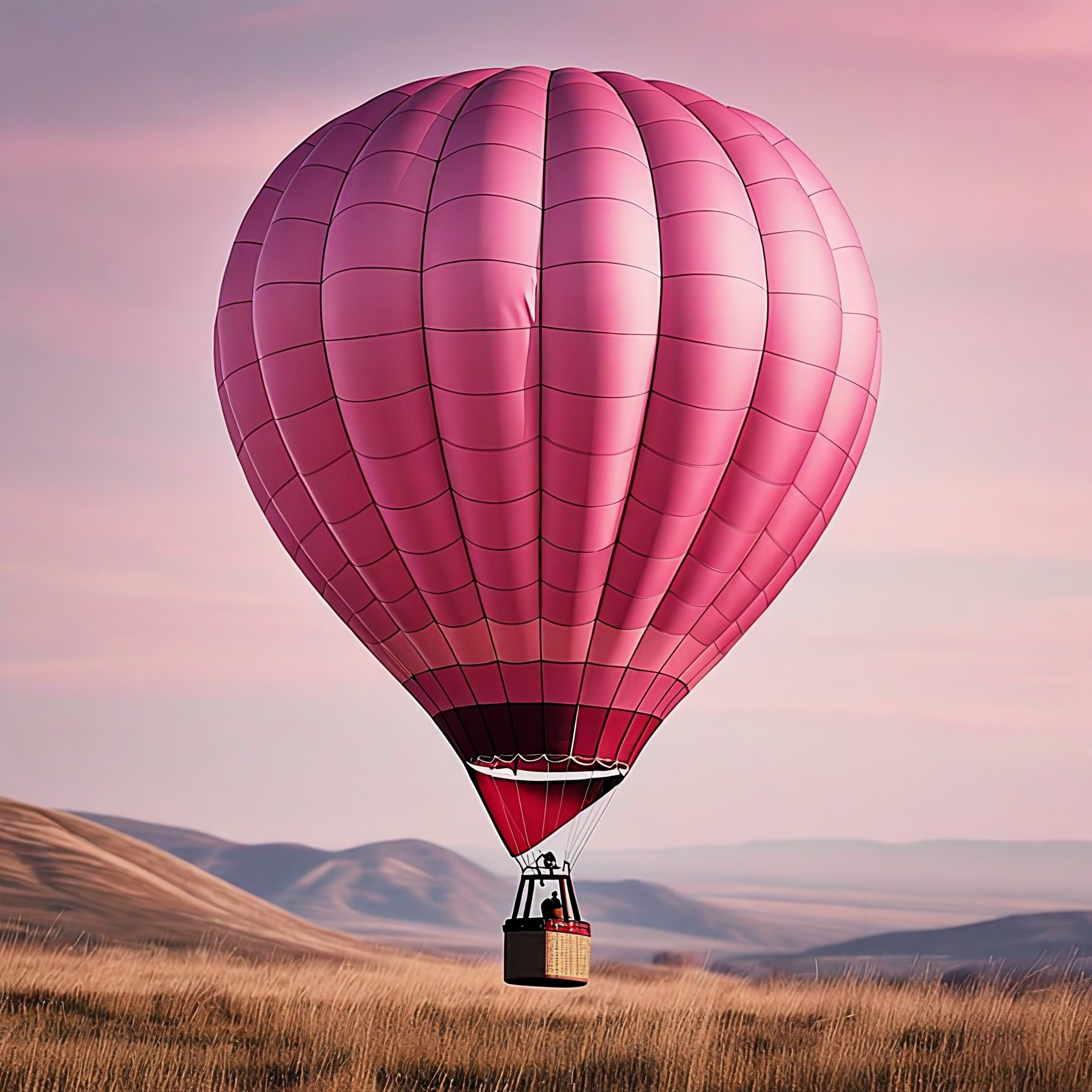 Pink hot air balloon floating above a grassy field with rolling hills in the background at sunset.