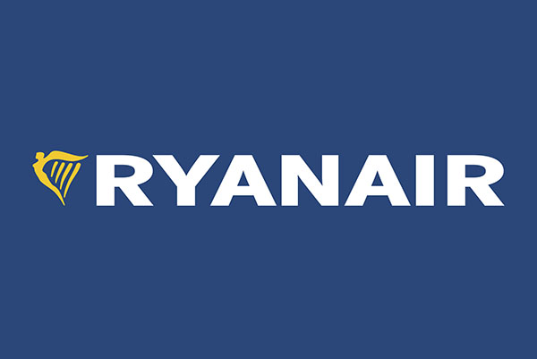 Ryanair logo with a yellow harp and white text on a blue background.