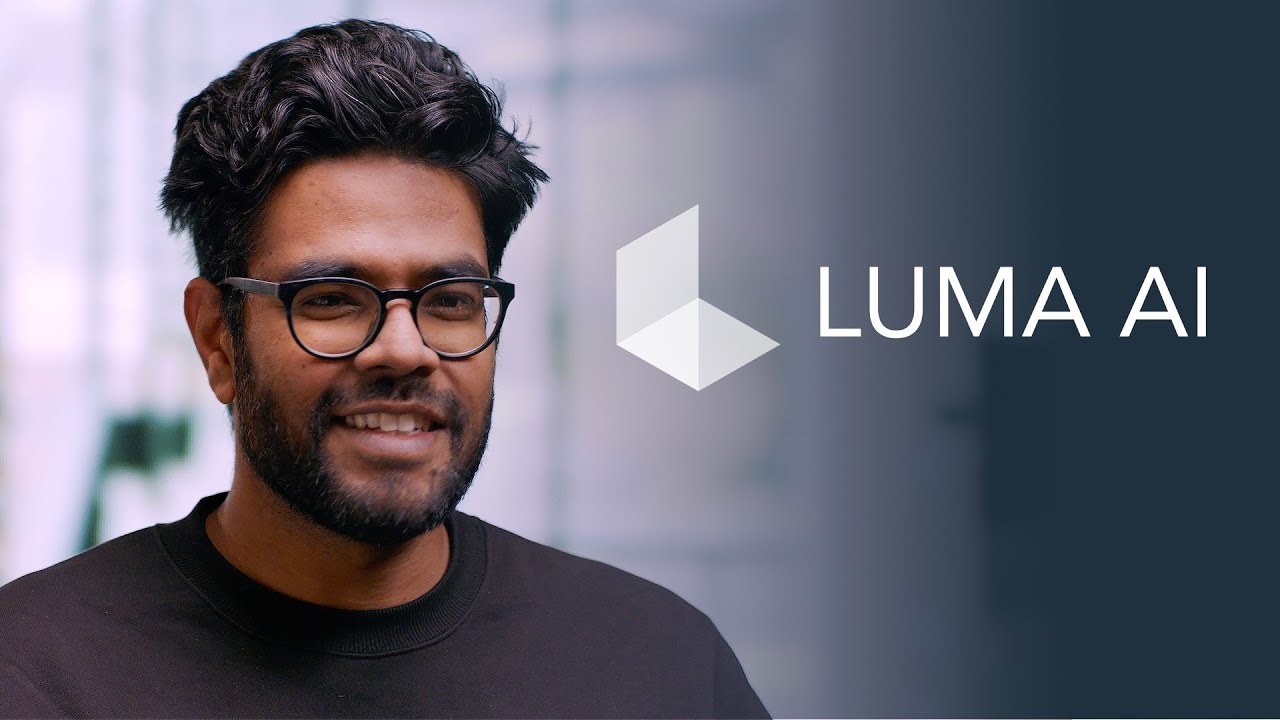 A portrait of a person with glasses smiling, next to the Luma AI logo on a blurred background.