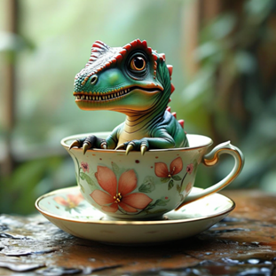 A small, colorful dinosaur sitting inside a floral teacup on a saucer.
