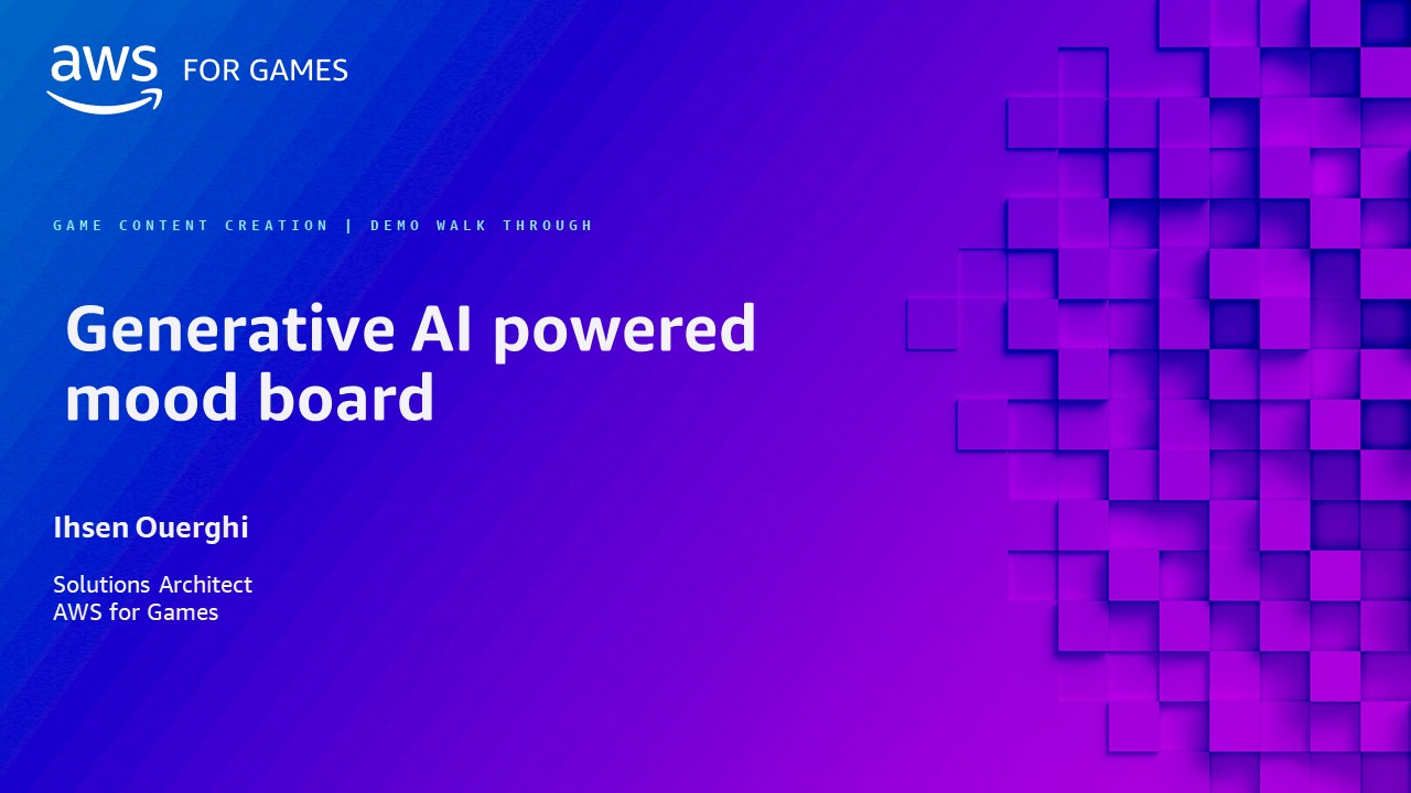 Title slide for the AWS for Games demo presentation, featuring 'Generative AI powered mood board'. The slide includes the AWS for Games logo, abstract purple pattern, and presenter details for Ihsen Ouerghi, Solutions Architect at AWS for Games.