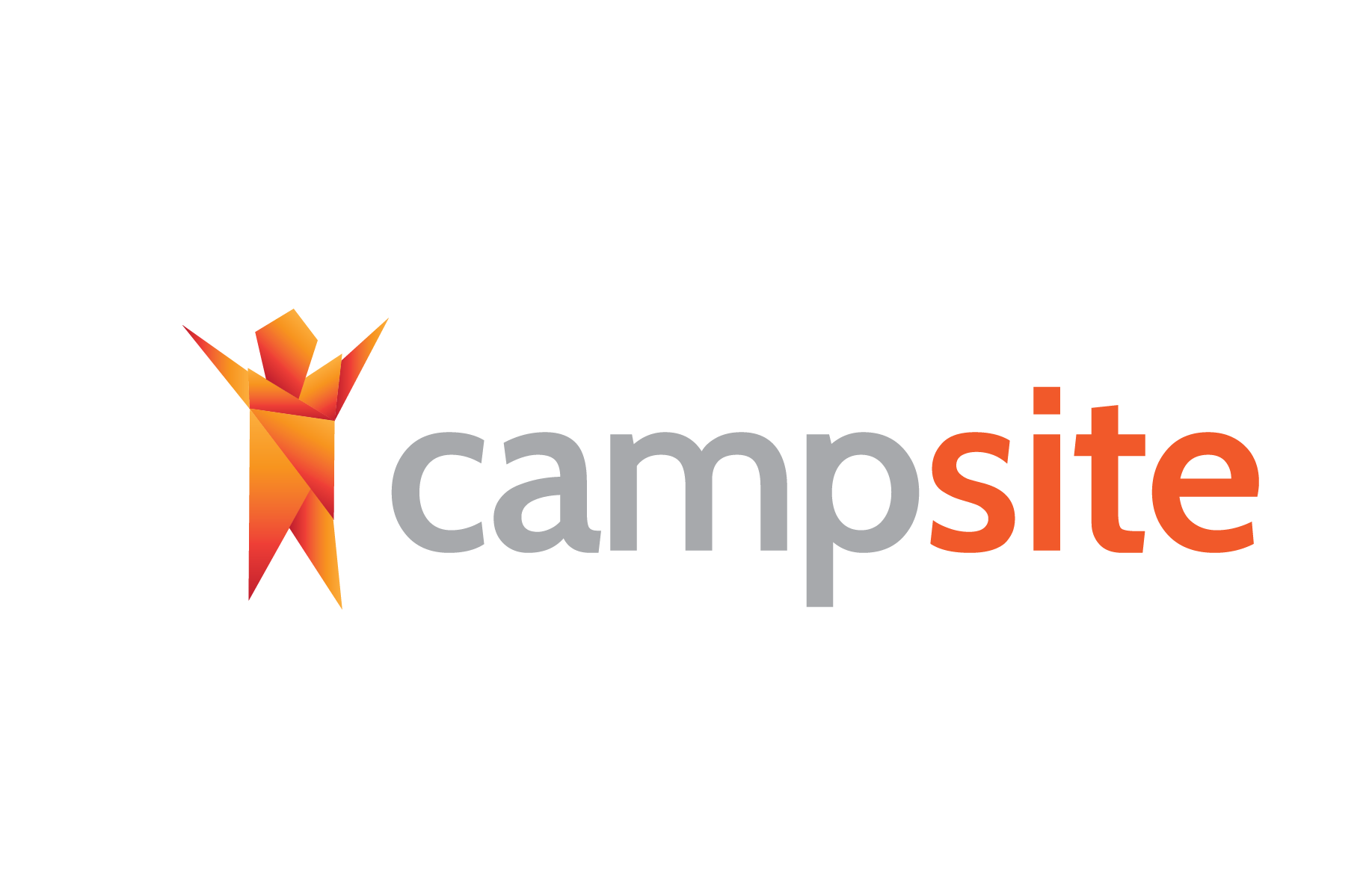 The full color logo for Campsite featuring stylized text and an abstract geometric figure in orange and red hues.
