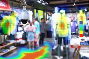 A security camera in a retail store captures visitor movement and displays a heatmap overlay to analyze foot traffic patterns and popular areas within the store.