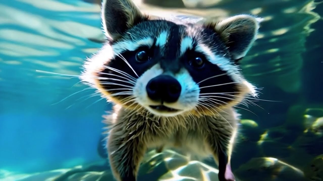 A curious raccoon underwater, looking directly at the camera with a vibrant blue background.
