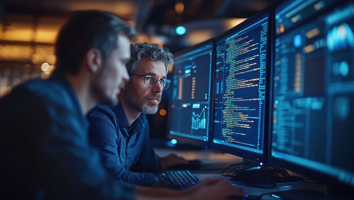 Two software developers analyzing code and data visualizations on multiple computer monitors in a modern office setting.