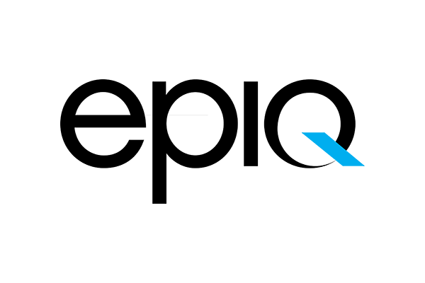 The logo for Epiq, featuring the word 'epiq' in a modern black font with a blue abstract shape at the end of the text.