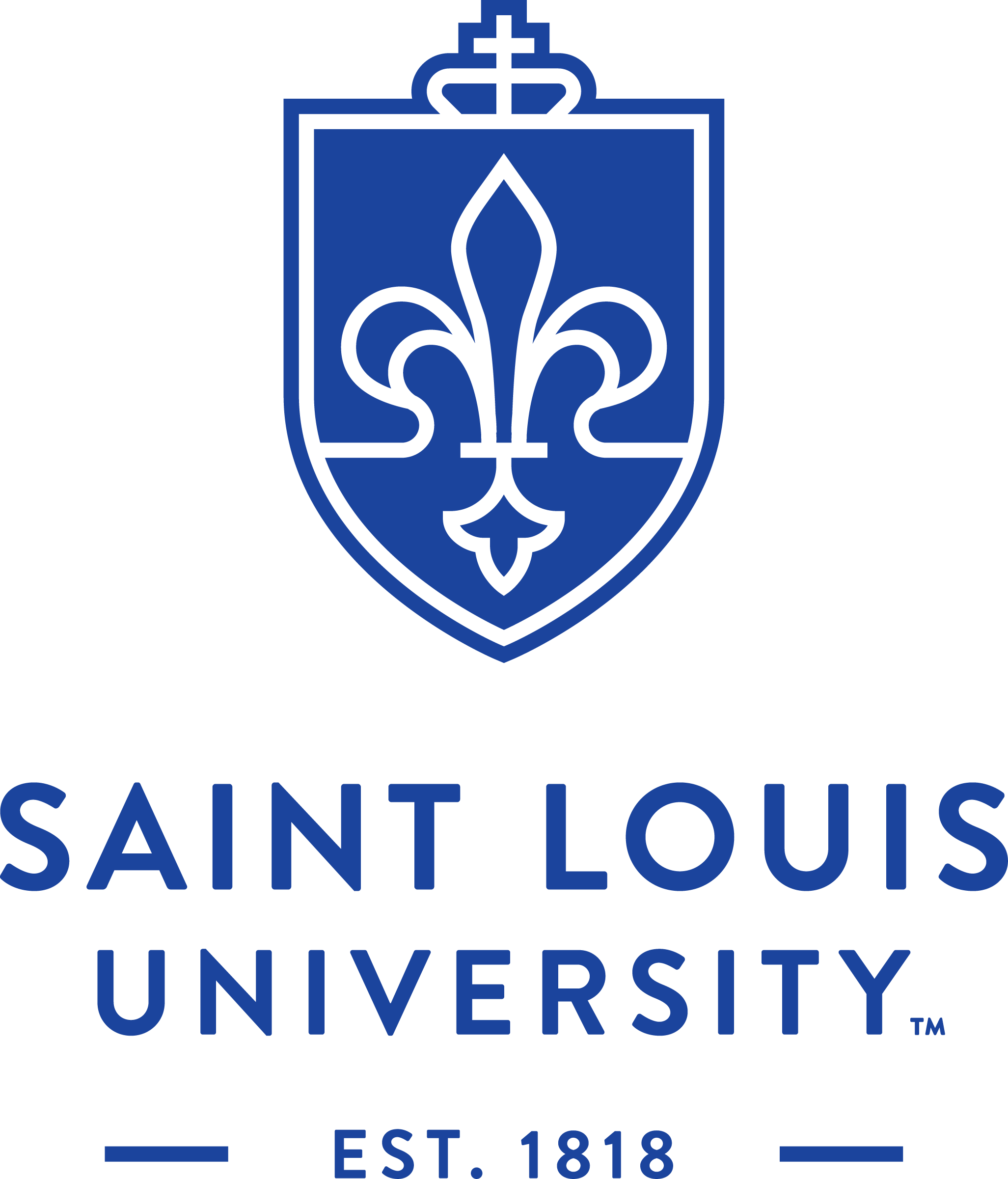 Blue logo of Saint Louis University featuring a stylized fleur-de-lis and crest, with the text 'Saint Louis University Est. 1818'.