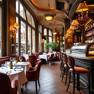 Elegant restaurant interior with ornate decor, large windows, round tables set with white linens, and a stocked bar.