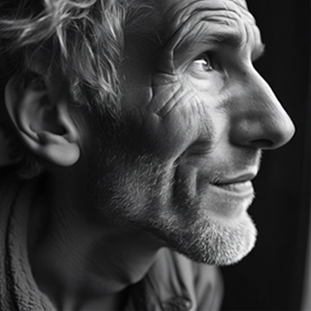 A close-up of a person's ear and tousled hair in grayscale.