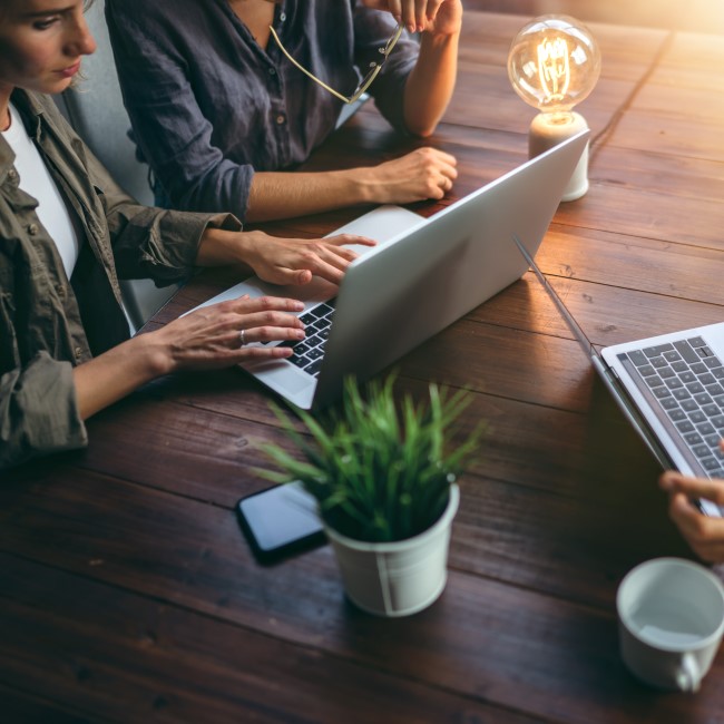 People collaborating at a wooden table with laptops, smartphone, potted plant, and a lightbulb lamp, suggesting teamwork and brainstorming in a modern workspace.