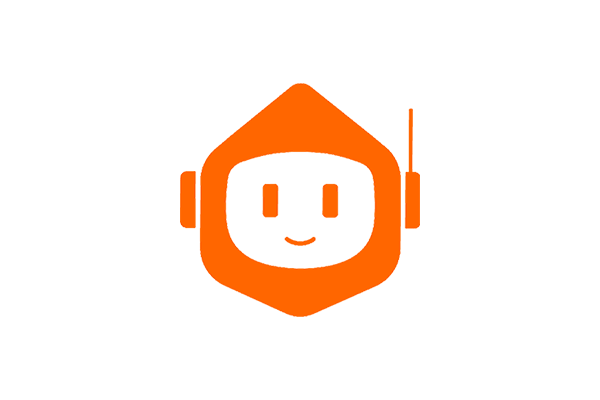 Logo depicting an orange stylized robot head with headphones and antenna, representing voice technology in the hospitality industry.