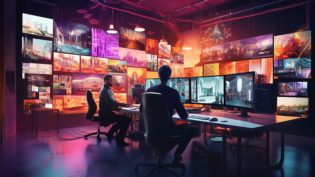 Two people working in a futuristic control room with multiple screens displaying vibrant cityscapes and digital visuals.