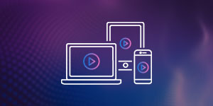 Illustration of a laptop, tablet, and smartphone with play buttons on their screens, representing media accessibility on multiple devices over a blue and purple gradient background.