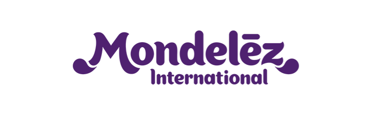 Mondelēz International logo in dark purple text with a stylized accent over the "e."