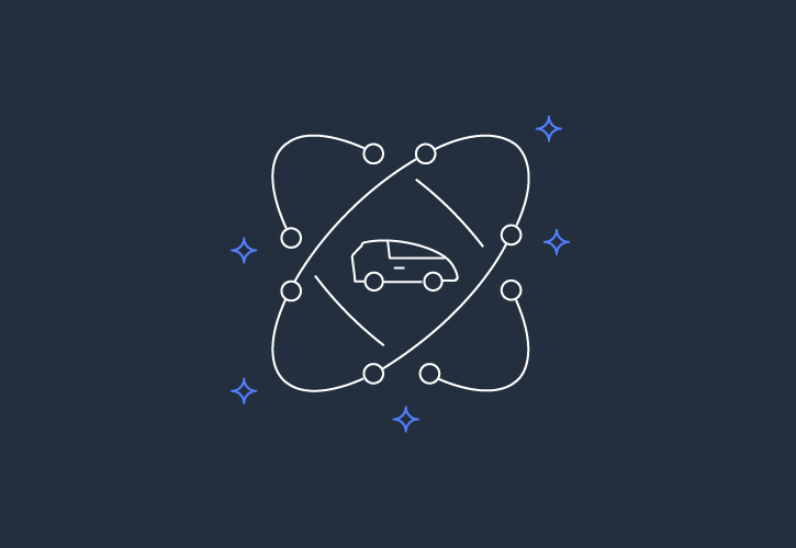 A line art illustration of a car surrounded by stylized orbits and nodes, representing artificial intelligence and machine learning in automotive technology, on a dark background.
