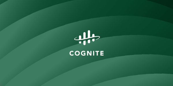 The Cognite logo is displayed at the center of a green abstract background with curved, layered shapes.