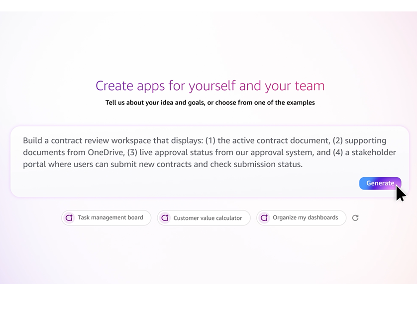 Screenshot of the Quick app, with a sample prompt to build a contract review workspace