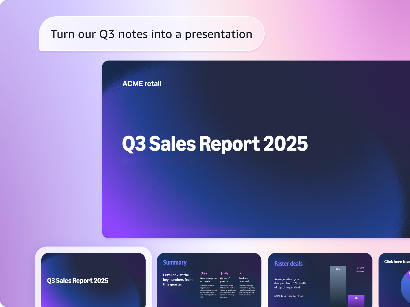A prompt bubble reading "Turn our Q3 notes into a presentation" sits above an AWS-branded slide deck. The title slide reads "Q3 Sales Report 2025" on a dark blue-to-purple gradient. A row of thumbnail slides below previews additional layouts, including title slides, stat callouts, and bar and pie charts.