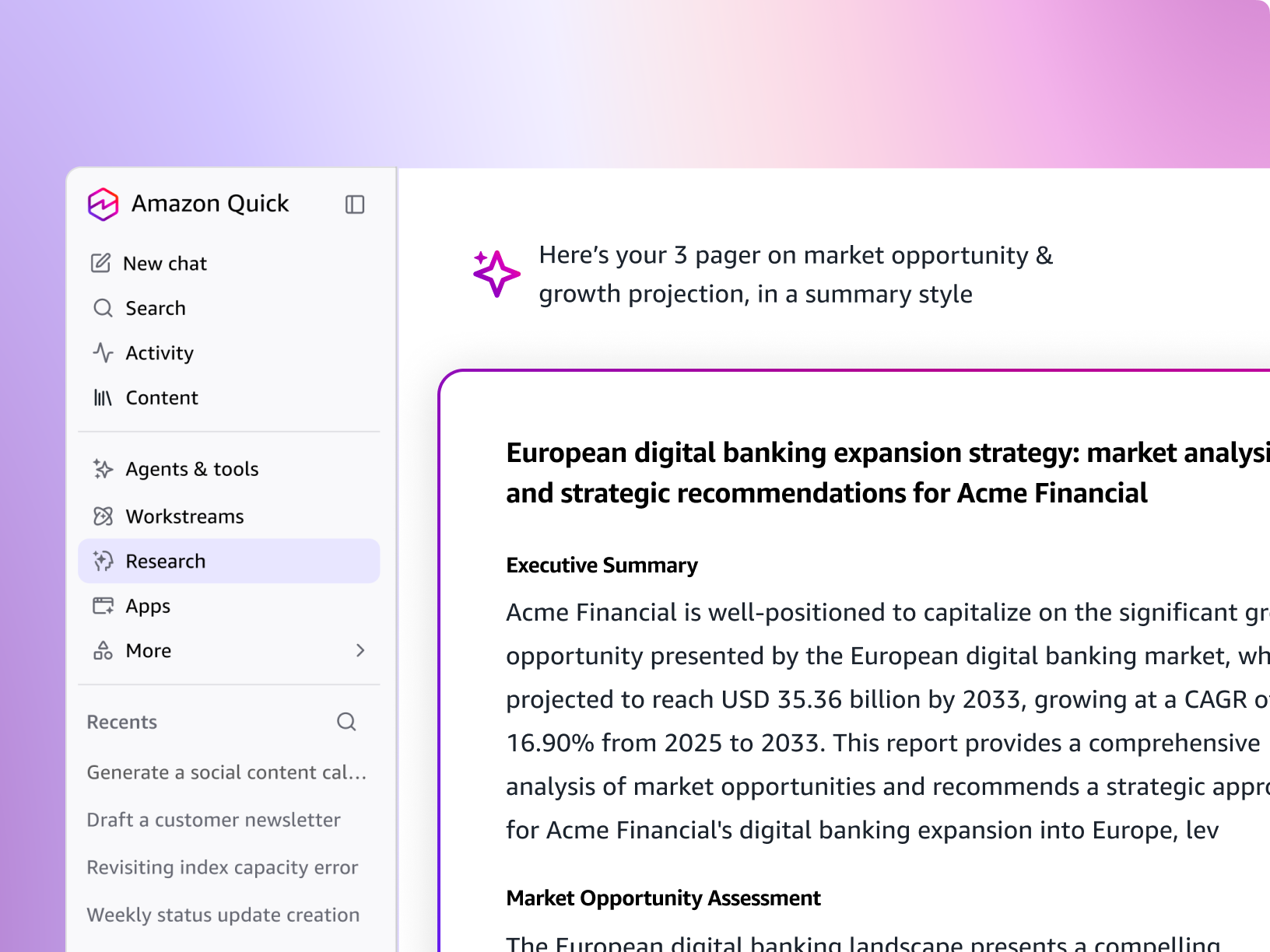 See how Amazon Quick turns a prompt into a polished research report, delivering market analysis, growth projections, and strategic recommendations in minutes.