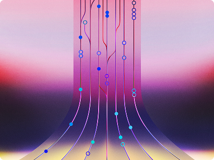 Streams of data points flowing upward over a gradient horizon, suggesting a rising forecast