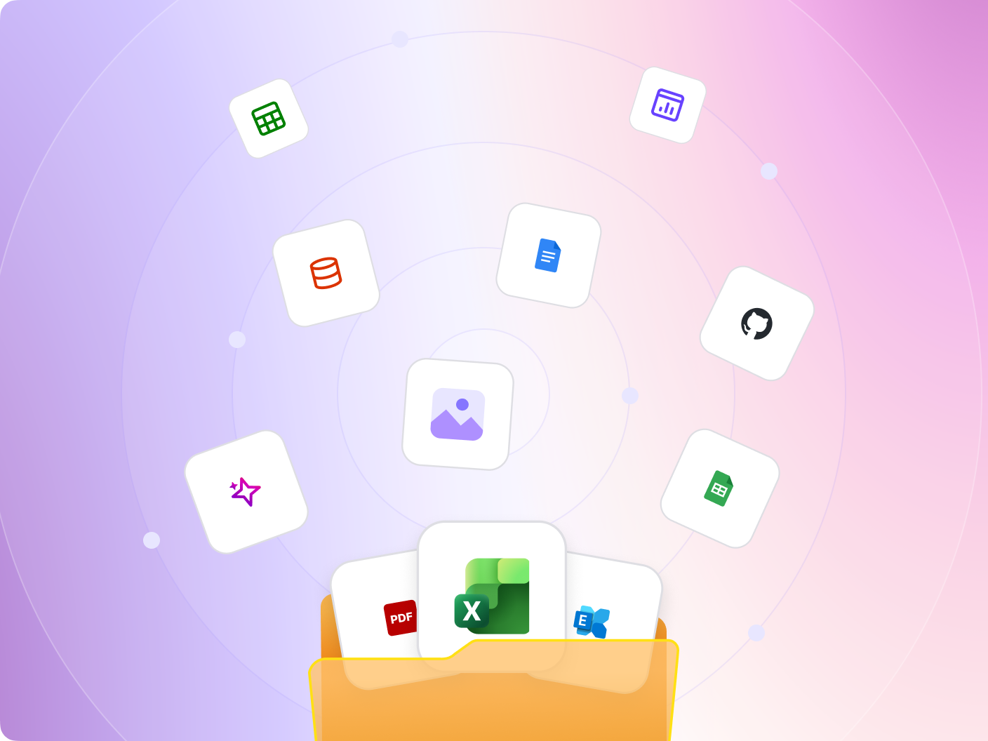 A folder at the bottom of the frame opens upward, releasing file and app icons that float outward in concentric rings. Icons include PDF, Excel, Exchange, Google Docs, Google Sheets, GitHub, a database, an image file, and analytics tools, illustrating the range of file types and services that can be connected.