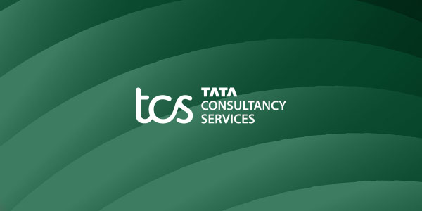 Tata Consultancy Services (TCS) logo displayed on a green abstract background with curved lines.
