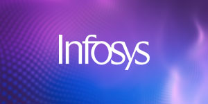 Infosys logo displayed on an abstract purple and blue gradient background with circular patterns.