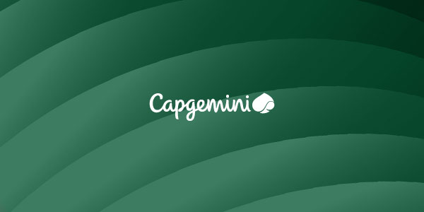 The Capgemini logo displayed in white on a green abstract curved background.