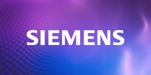 The word 'SIEMENS' displayed in bold white letters on a purple and blue gradient abstract background.