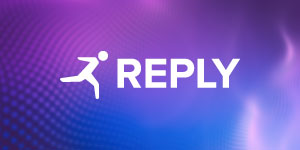 A logo featuring a running figure and the word 'REPLY' displayed prominently on a purple gradient background with abstract digital wave patterns, representing AI/ML or artificial intelligence themes.