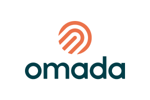 Circular Omada logo icon with orange abstract symbol above the word 'omada' in teal text.