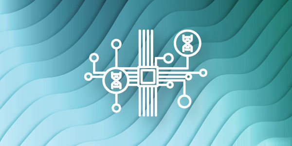 Abstract illustration representing AI and machine learning in healthcare, featuring circuit and DNA icons on a blue wavy background.